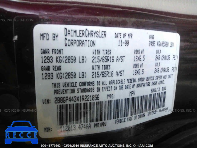 2001 Dodge Caravan GRAND CARAVAN SPORT 2B8GP443X1R221856 image 8