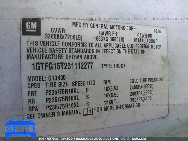 2003 GMC Savana G1500 1GTFG15T231112277 image 8