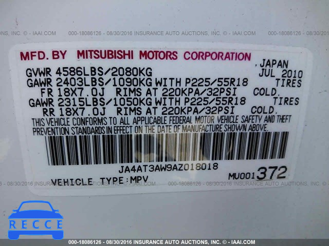 2010 Mitsubishi Outlander SE JA4AT3AW9AZ018018 image 8