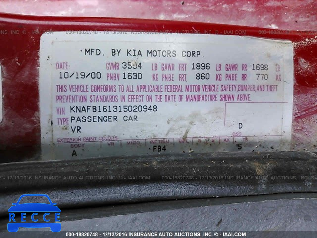 2001 KIA Spectra GS/GSX KNAFB161315020948 image 8