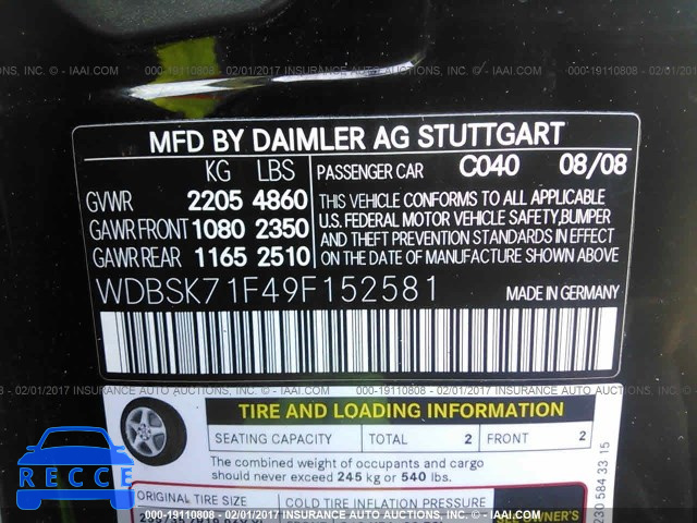 2009 Mercedes-benz SL 550 WDBSK71F49F152581 image 8