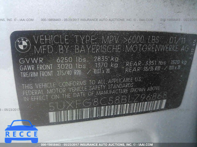 2011 BMW X6 XDRIVE50I 5UXFG8C58BLZ96868 image 8