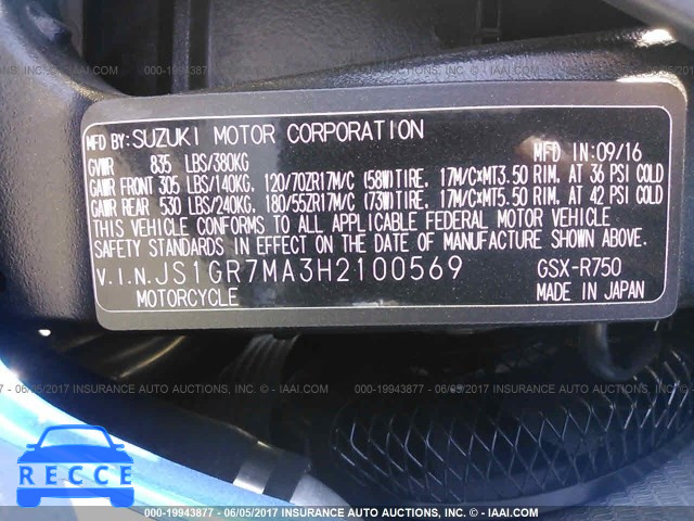 2017 SUZUKI GSX-R750 JS1GR7MA3H2100569 image 9