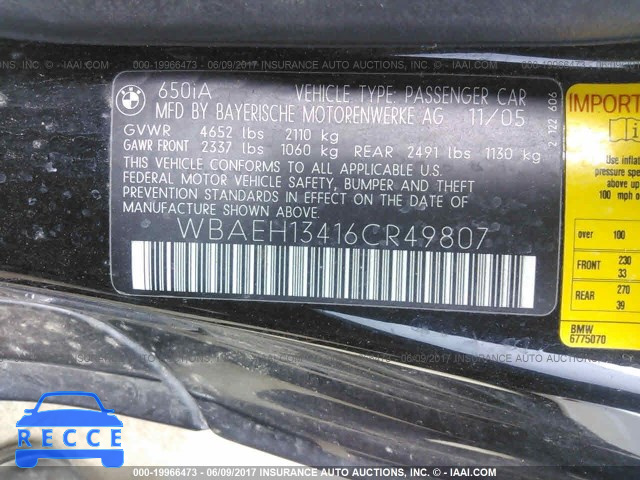 2006 BMW 650 I WBAEH13416CR49807 image 8