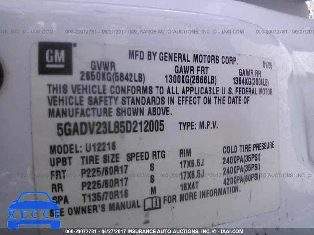 2005 Buick Terraza CX 5GADV23L85D212005 зображення 8
