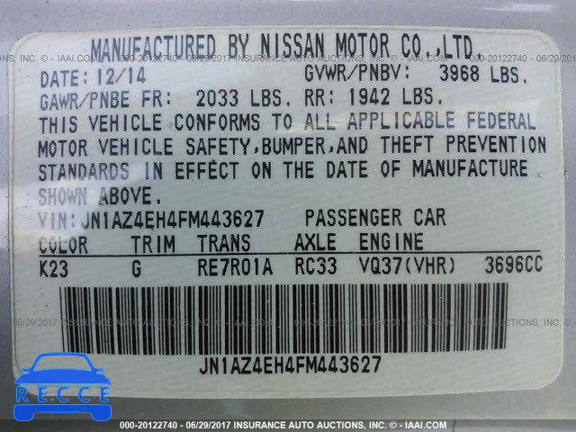 2015 Nissan 370Z TOUR/SPT/TECH/NISMO/TECH JN1AZ4EH4FM443627 image 8