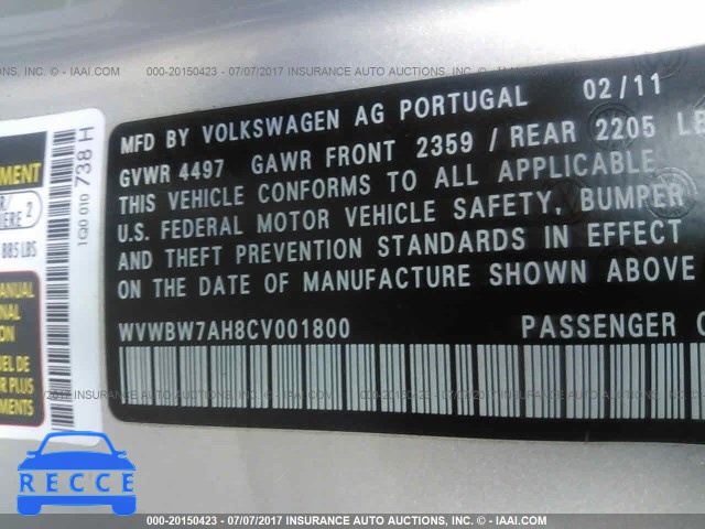 2012 Volkswagen EOS KOMFORT WVWBW7AH8CV001800 image 8