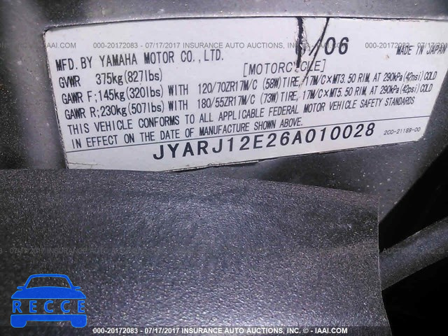2006 Yamaha YZFR6 L JYARJ12E26A010028 image 9