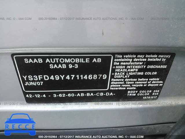 2007 Saab 9-3 2.0T YS3FD49Y471146879 зображення 7