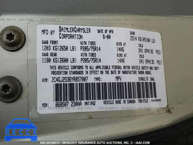 2000 Chrysler Voyager 2C4GJ2536YR857807 image 8