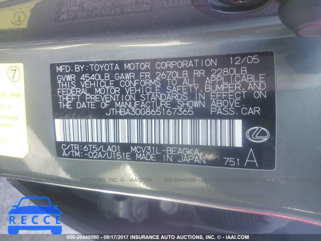 2006 Lexus ES 330 JTHBA30G865167365 image 8