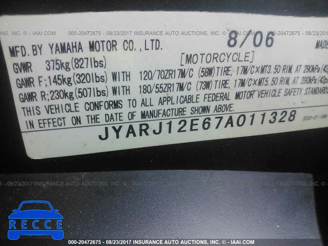 2007 Yamaha YZFR6 L JYARJ12E67A011328 зображення 9