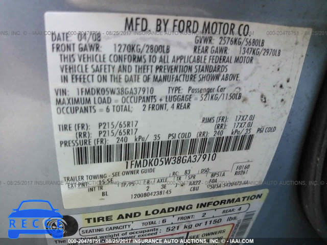 2008 Ford Taurus X SEL 1FMDK05W38GA37910 image 8