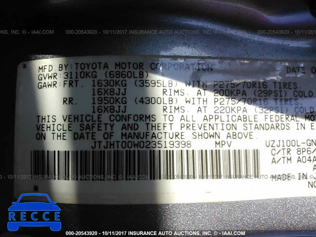 2002 Lexus LX 470 JTJHT00W023519398 image 8