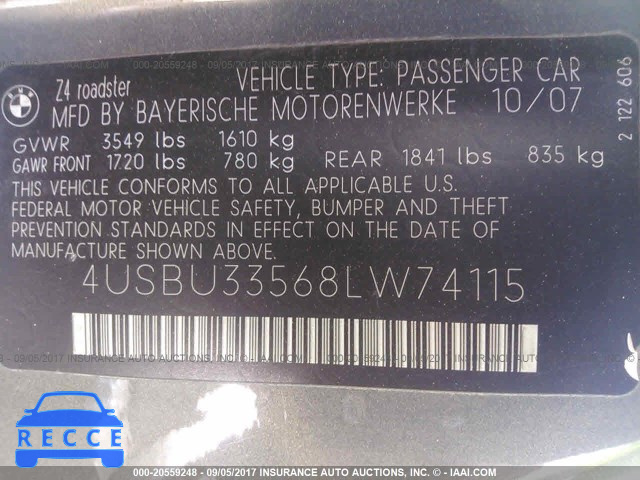 2008 BMW Z4 3.0 4USBU33568LW74115 image 8