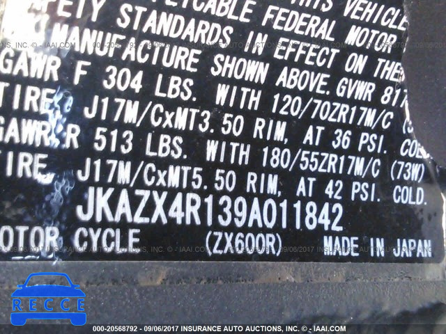 2009 Kawasaki ZX600 R JKAZX4R139A011842 image 9