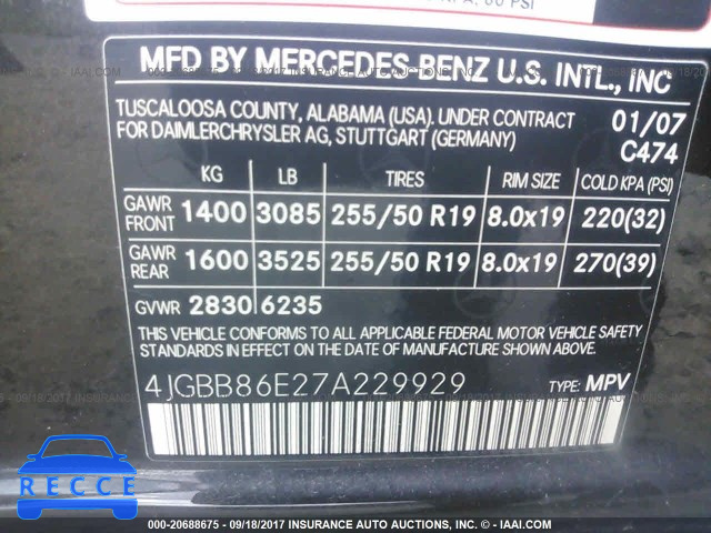 2007 Mercedes-benz ML 350 4JGBB86E27A229929 Bild 8