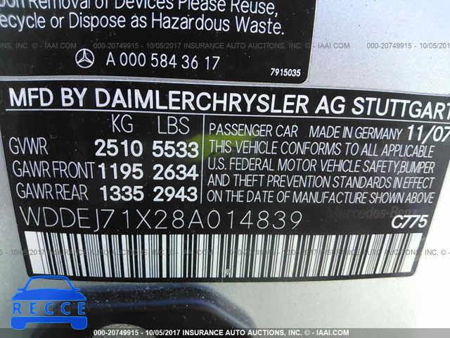 2008 Mercedes-benz CL 550 WDDEJ71X28A014839 зображення 8