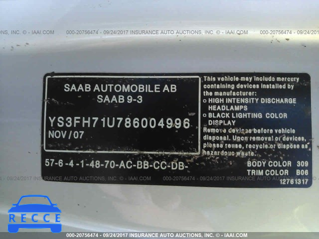 2008 Saab 9-3 AERO YS3FH71U786004996 зображення 8