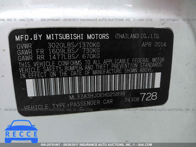 2014 Mitsubishi Mirage DE ML32A3HJ0EH025898 зображення 8