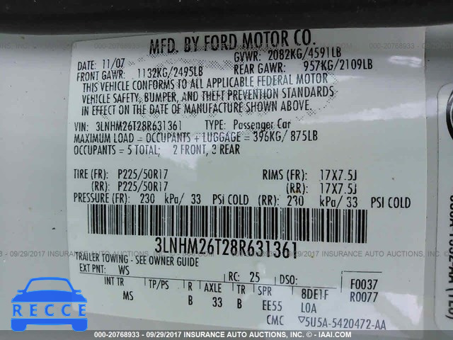 2008 Lincoln MKZ 3LNHM26T28R631361 Bild 8