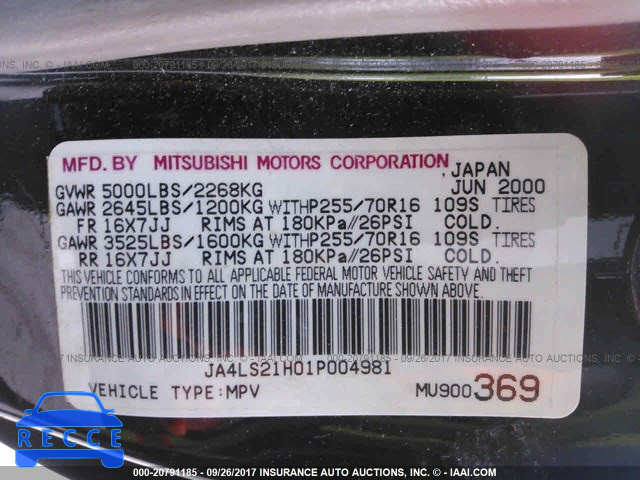 2001 Mitsubishi Montero SPORT ES/SPORT LS JA4LS21H01P004981 image 8