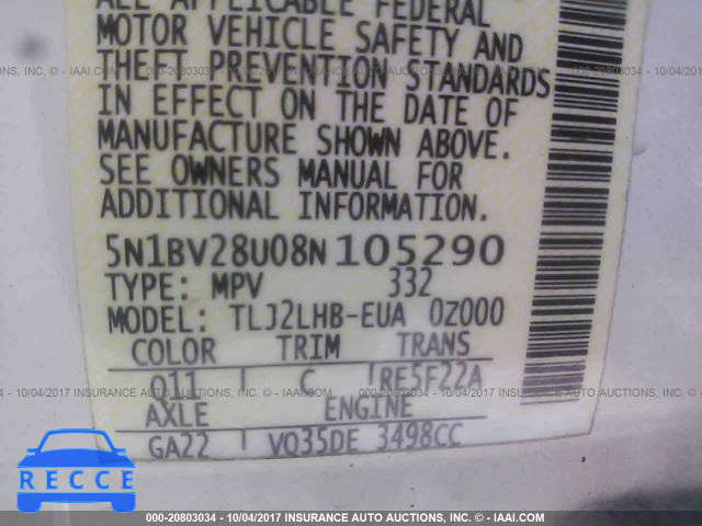 2008 Nissan Quest S/SE/SL 5N1BV28U08N105290 image 8