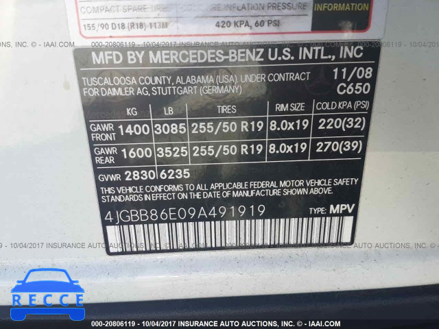 2009 Mercedes-benz ML 350 4JGBB86E09A491919 зображення 7