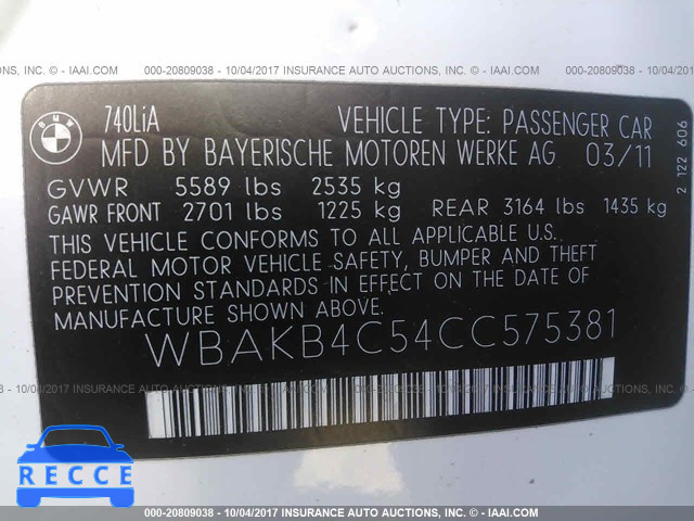 2012 BMW 740 LI WBAKB4C54CC575381 image 8