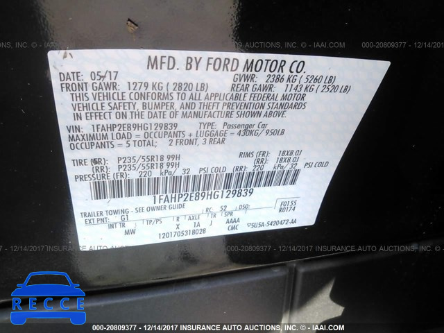 2017 FORD TAURUS SEL 1FAHP2E89HG129839 image 8