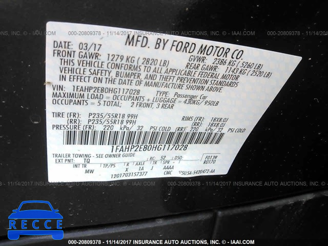 2017 FORD TAURUS SEL 1FAHP2E80HG117028 image 8