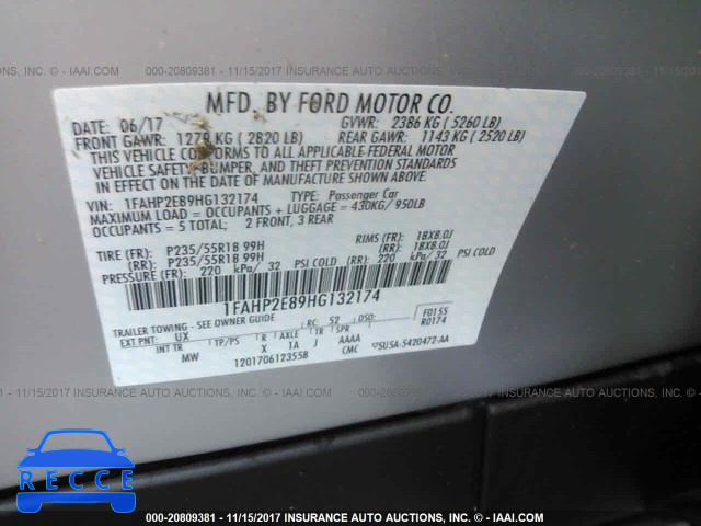 2017 FORD TAURUS SEL 1FAHP2E89HG132174 image 8