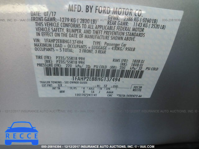 2017 FORD TAURUS SEL 1FAHP2E88HG137494 image 8