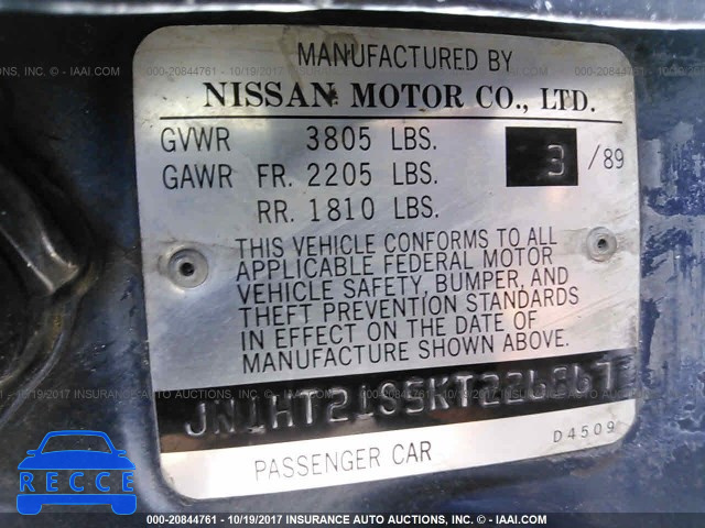 1989 Nissan Stanza JN1HT21S5KT226867 зображення 8