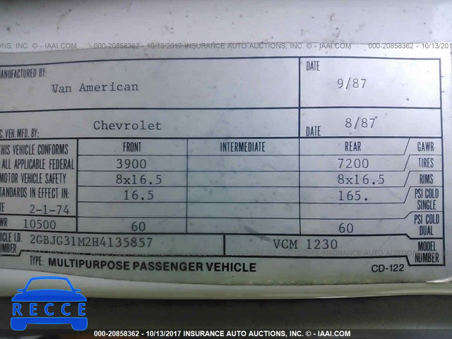 1987 CHEVROLET G30 2GBJG31M2H4135857 image 9
