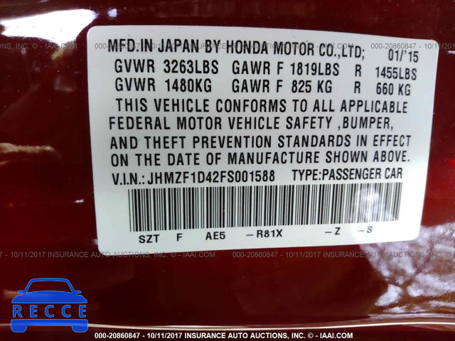 2015 Honda CR-Z JHMZF1D42FS001588 image 8