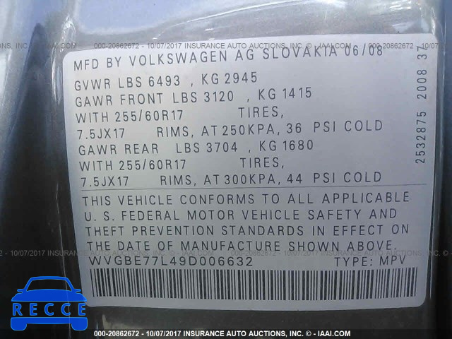2009 Volkswagen Touareg 2 V6 WVGBE77L49D006632 image 8