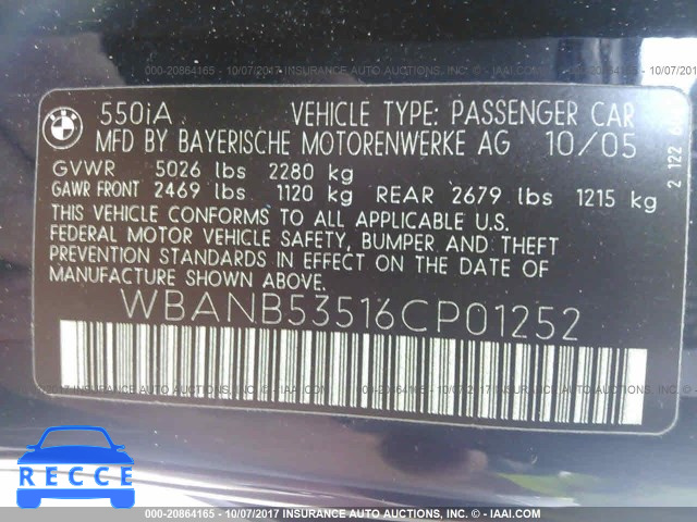 2006 BMW 550 I WBANB53516CP01252 image 8