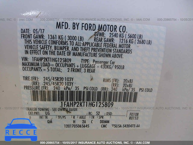 2017 FORD TAURUS SHO 1FAHP2KT1HG125809 Bild 8