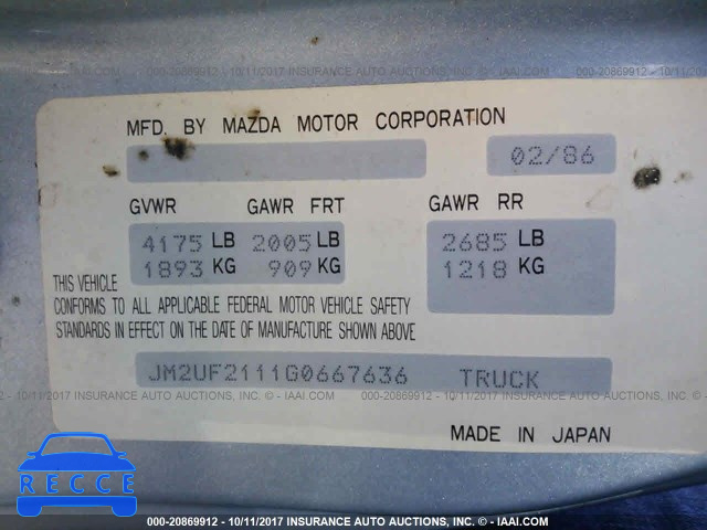 1986 Mazda B2000 LONG BED JM2UF2111G0667636 image 8