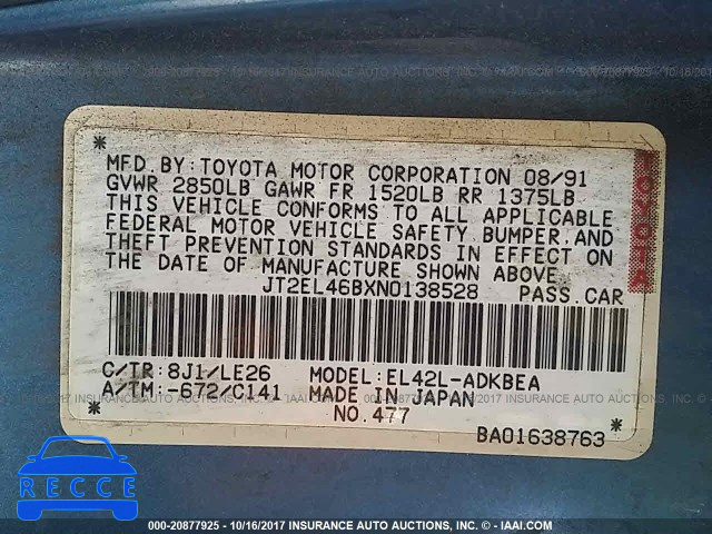 1992 Toyota Tercel STD JT2EL46BXN0138528 зображення 8