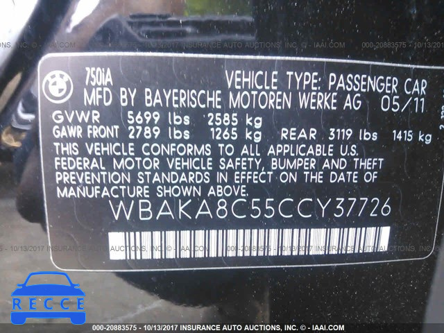 2012 BMW 750 I WBAKA8C55CCY37726 image 8