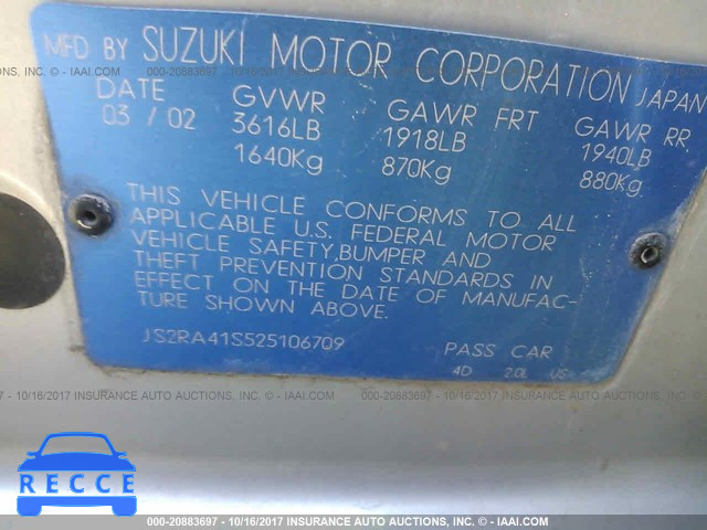 2002 Suzuki Aerio S/GS JS2RA41S525106709 image 8