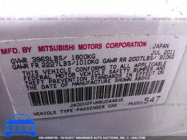 2011 Mitsubishi Lancer ES/ES SPORT JA32U2FU6BU044615 зображення 8