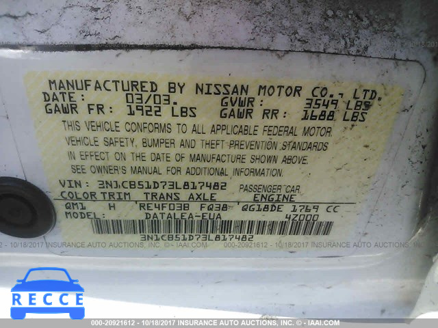 2003 Nissan Sentra XE/GXE 3N1CB51D73L817482 зображення 8