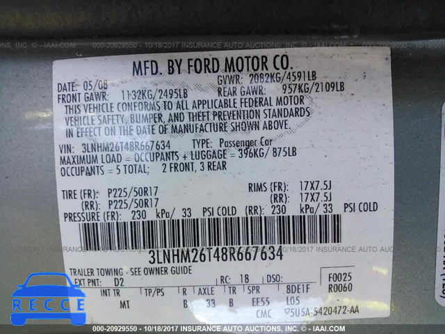 2008 Lincoln MKZ 3LNHM26T48R667634 Bild 8