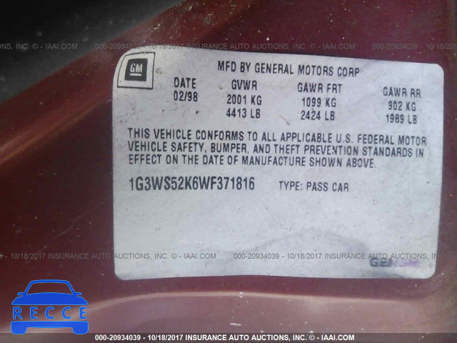 1998 Oldsmobile Intrigue GL 1G3WS52K6WF371816 зображення 8