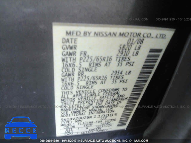 2008 Nissan Quest S/SE/SL 5N1BV28U28N110085 Bild 8