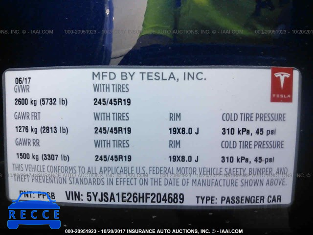 2017 TESLA MODEL S 5YJSA1E26HF204689 image 8