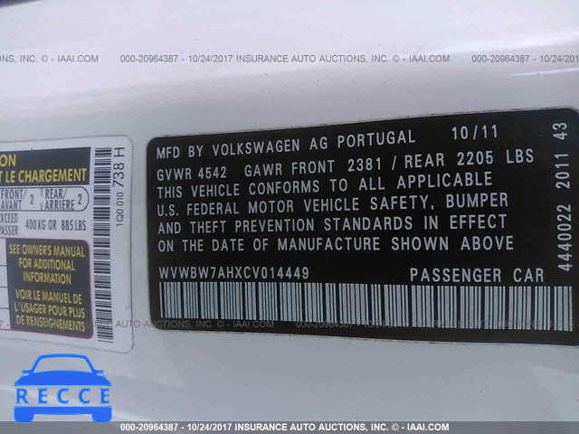 2012 Volkswagen EOS KOMFORT WVWBW7AHXCV014449 зображення 8